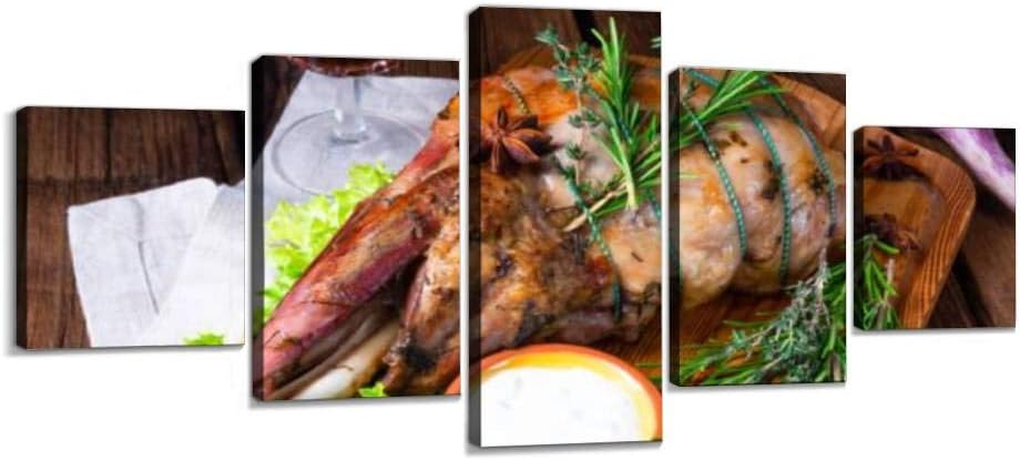 XEPPO 5 Panel Wall Art Print On Canvas Grilled Lamb Shoulder with Rosemary braised in The Oven American Modern Abstract Picture Poster for Home Decor Stretched and Framed Ready to Hang (60''Wx32''H)