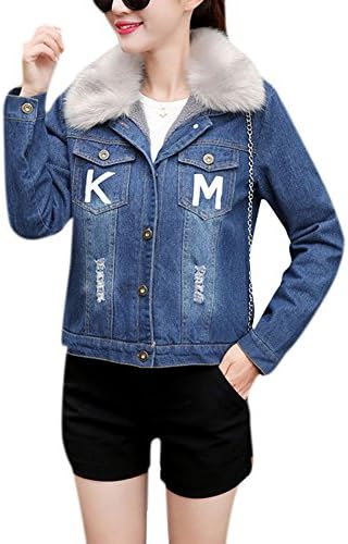 Tengfu Women's Casual Letter Print Fur Collar Thick Blue Denim Bomber Jacket