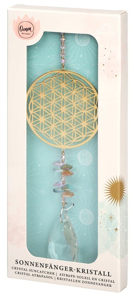 moses . Omm for You sun catcher, hanging window decoration, crystal glass wind chime with gold accents, 29 cm long