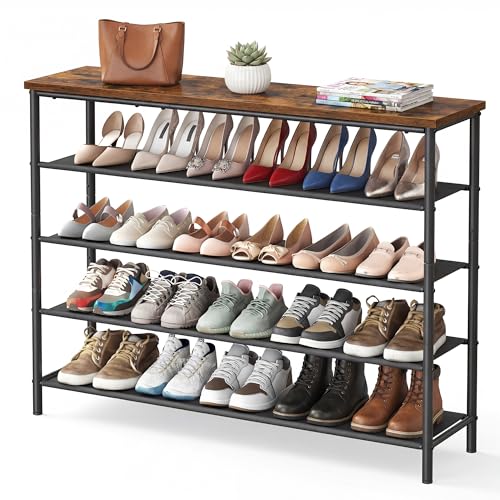 SONGMICS HOME 5-Tier Shoe Rack, Free Standing Shoe Storage Organizer, 12 x 47.4 x 36 Inches, Metal Frame with Top Surface for Closet Entryway, Rustic Brown and Black - Used condition - US$34.51