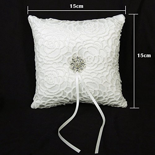 Adeeing Floral Rhinestone Lace Bridal Wedding Ring Pillow Jewelry Bearer White Cushion Holder,6 x 6 Inch - Thumbnail 2
