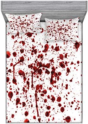 Ambesonne Horror Fitted Sheet & Pillow Sham Set, Splashes of Blood Grunge Type Bloodstain Horror Scary Zombie Halloween Themed Print, Ornamental Printed 3 Piece Bedding Decor Set, Full, Purple White