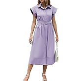 Haellun Women's Elegant Dress Classy Turn Down Collar Shirt Dress with Belt Short Wing Sleeve Trench Coat