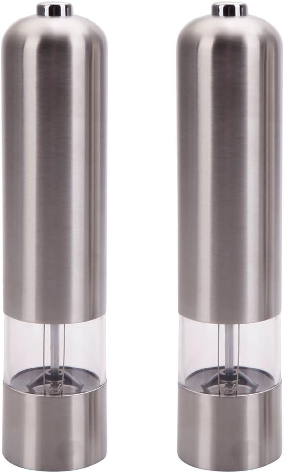 Pepper Mills Salt Grinder- Battery Operated Stainless Steel Mill with Light (Pack of 2 Mills) - Automatic One Handed Operation - Electronic Adjustable Shakers - Ceramic Grinders