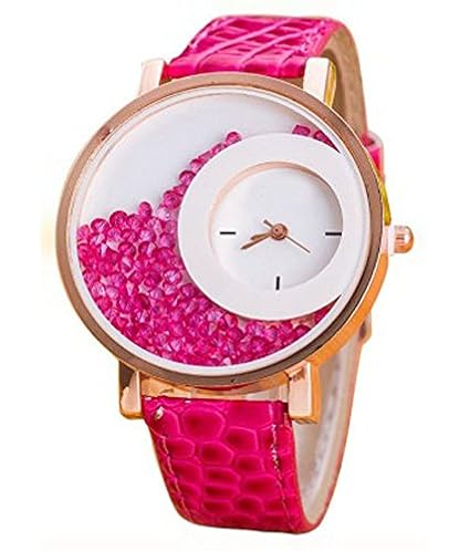 Felizo Round dial Pink Leather Strap Analog Watch for Women & Girls with moving Beads