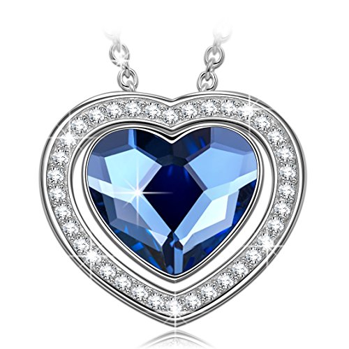 NINASUN Women Christmas Necklace Gifts Blue Heart Necklace 925 Sterling Silver Pendant Swarovski Crystals Heart Jewelry for Her for Wife Girlfriend Girls Birthday Gift for Women