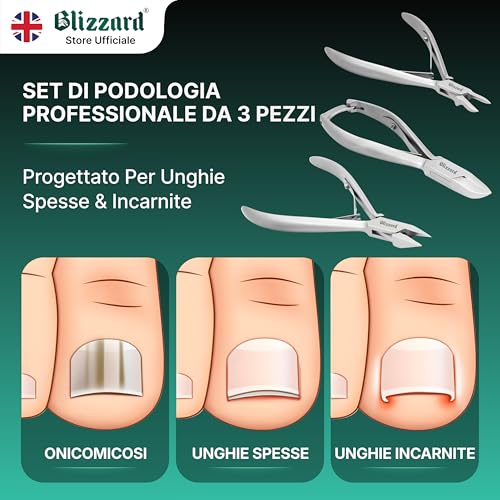 Blizzard 3-Piece Professional Podiatry Set – Pedicure Kit for Thick and Ingrown Nails – Foot Nippers with Concave Cut, Fine Tip and Flame – Stainless Steel – for Elderly and Men