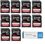 SanDisk 32GB (Ten Pack) SD HC Extreme Pro Memory Card for Digital DSLR Camera SDHC 4K V30 UHS-I (SDSDXXG-032G-GN4IN) with Everything But Stromboli (TM) 3.0 SD/TF Reader