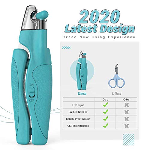 Dog Nail Clipper with Rechargeable LED Light to Avoid Over-Cutting Nails & Built-in Nail File/Razor Sharp Blades/Sturdy Non Slip Handles for Professional Grooming at Home