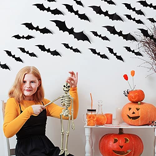 LOVEINUSA Plastic 3D Bat Decals, 120 PCS Bats Wall Decor Large Black Scary Bats Removable Bat Decoration for Indoor Outdoor Halloween Wall Decorations