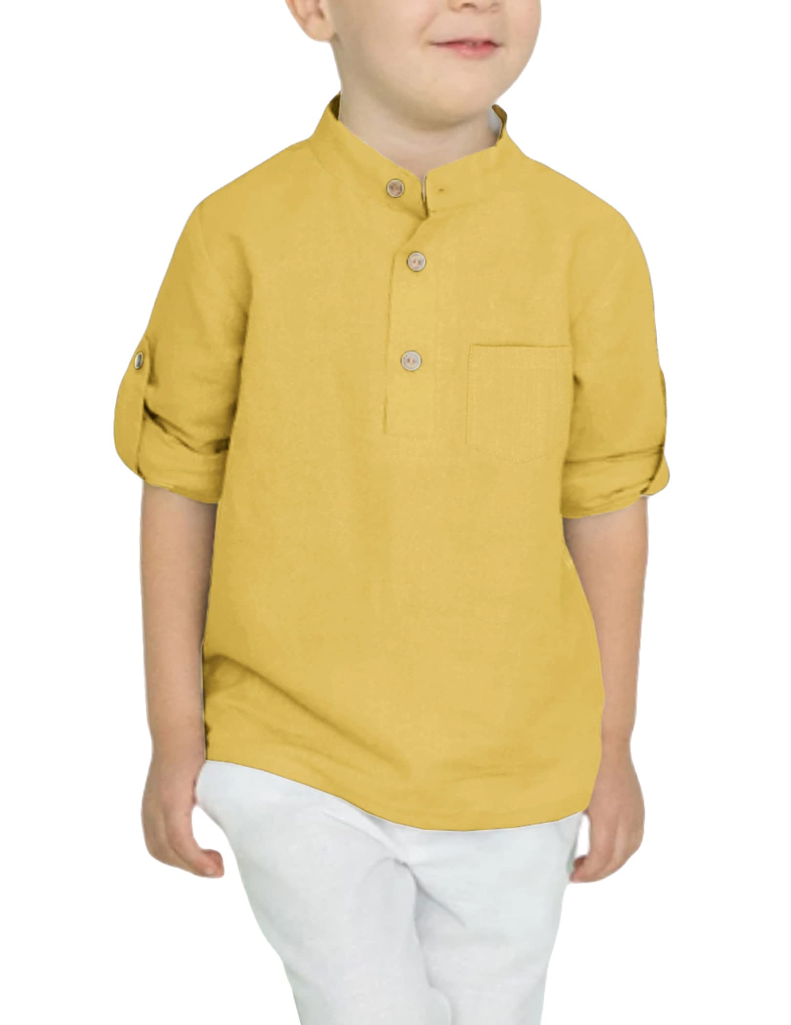 Photo 1 of Arshiner Boys Cotton Linen Henley Shirt Button Down Shirt Long Sleeve T Shirt Beach Shirt Tee Casual Solid Tops Yellow