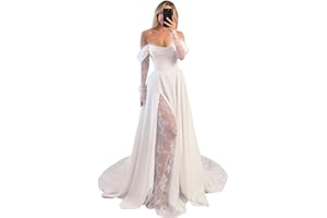 wayfor Off Shoulder Satin Wedding Dresses Lace Long Sleeve Prom Dresses Corset A-Line Ball Gowns with Slit