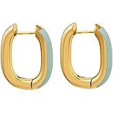 Modern Statement 18K Gold Plated over Stainless Steel Hoop Earrings, Mint Green Enamel Accent, U-Shaped Design, Fashion Jewelry for Women, Tarnish Resistant