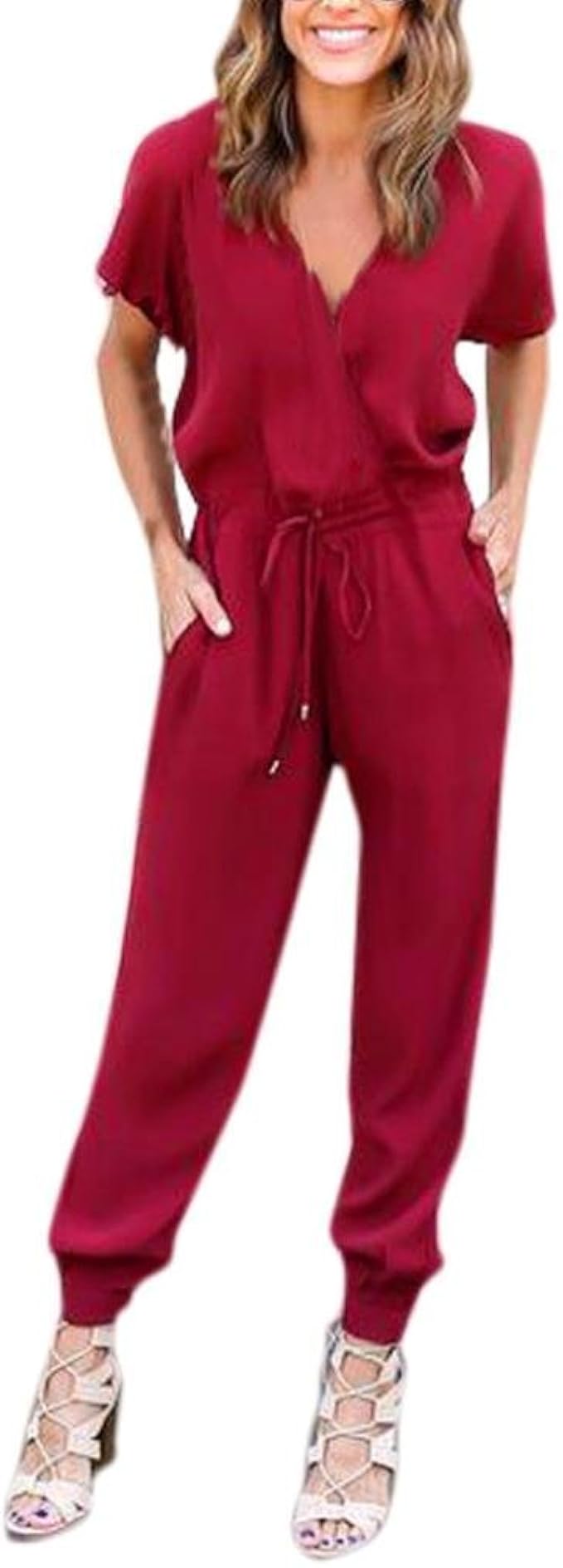Elegant Damen Jumpsuit Lang Hosen VAusschnitt Kurzarm Strappy Locker