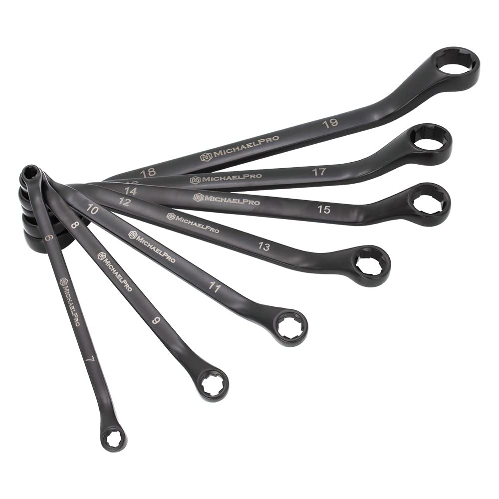 MichaelPro MP001217 7-Piece Double Ring Spanner Set, Black Oxide Bolt Extractor Offset Swan Neck Spanner Set, Metric
