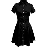 domirica Business Casual Dress for Women Western Floral Short Sleeve Collared Button Down Fashion Aline High Waist Dress