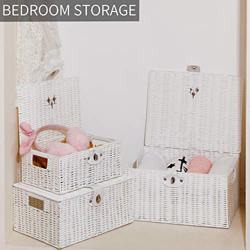 Honygebia White Woven Storage Baskets Decorative Nesting Boxes with Lids and Locks, Easy Clean