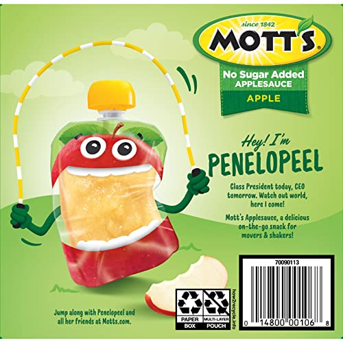 MOTT’S NO SUGAR ADDED APPLESAUCE, 3.2 OZ CLEAR POUCHES, 4 COUNT