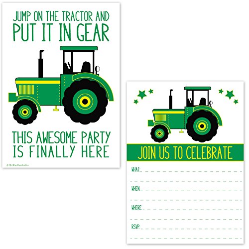 Green Tractor Birthday Party Invitations for Boys - Farm Ranch Barnyard Kids Invites - Tractor Baby Shower (20 Count with Envelopes)