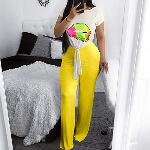 Desirepath Women Two Piece Outfits Sets Tie Knot Front Short Sleeve Printed Top Long Pants Sets Yellow