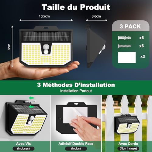 Outdoor Solar Light, 3 Modes Solar Motion Detector Light, IP65 Waterproof Solar LED Outdoor Lighting for Wall, Garden, Garage, Carport, Patio and [Pack of 3] Cool White 6000K