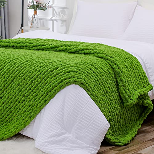 Bigacogo Chunky Knit Throw Blanket for Couch, 40x40 inches, 100% Hand Knitted with Thick Jumbo Chenille Yarn, Cozy Soft Large Rope Knot Cable Crochet Blankets for Sofa Bed Living Room, Olive Green