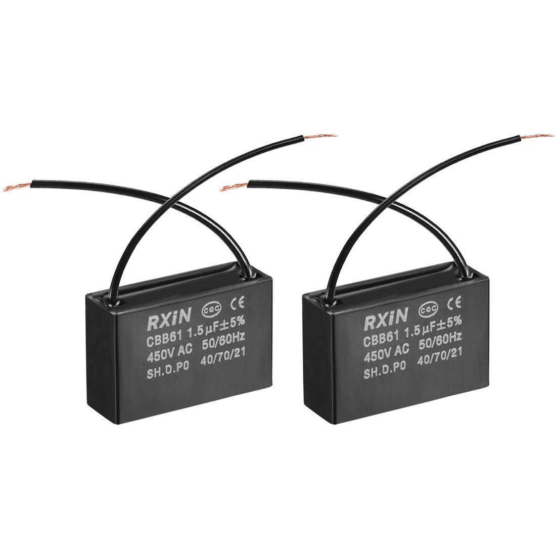 sourcing map Ceiling Fan Capacitor CBB61 1.5uF 450V AC 2 Wires Metalized Polypropylene Film Capacitors 37x23.5x12.6mm for Water Pump Motor Generator, Pack of 2