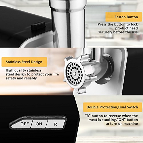 Hauture Electric Meat Grinder, Meat Mincer with 3 Grinding Plates and Sausage Stuffing Tubes for Home Use &Commercial, Stainless Steel/Silver/2000w - Thumbnail 6