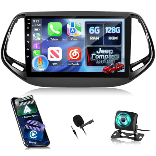 NHOPEEW 8 Core 6+128G Android Car Radio for Jeep Compass 2017-2019 with Wireless Carplay and Android Auto DSP Wifi GPS Steering Wheel Controls 360 Panoramic View