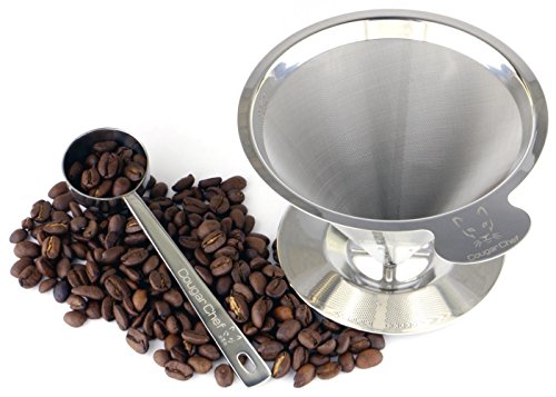 Click Here to See More Images Single Cup Coffee Maker by Cougar Chef - Permanent, Paperless, Reusable Coffee Filter Cone - Double Mesh Stainless Steel Pour Over Coffee Dripper with Stand and Coffee Scoop