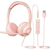 JIAMQISHI USB Headset with Microphone for PC, On-Ear Computer Laptop Headphones with Noise Cancelling Mic in-line Control for Home Office Online Class Zoom (USB+3.5mm, Pink)