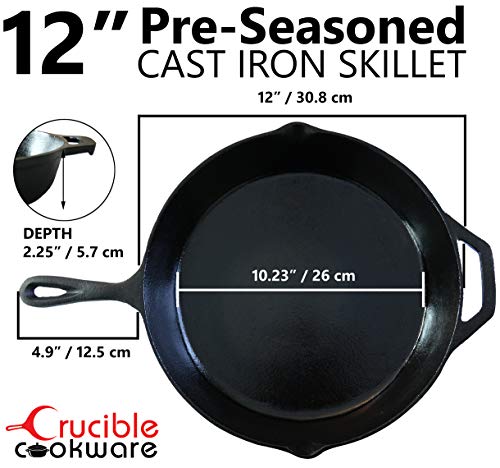 12-Inch Cast Iron Skillet Set (Pre-Seasoned), Including Large & Assist Silicone Hot Handle Holders, Glass Lid, Cast Iron Cleaner Chainmail Scrubber, Scraper | Indoor & Outdoor Use