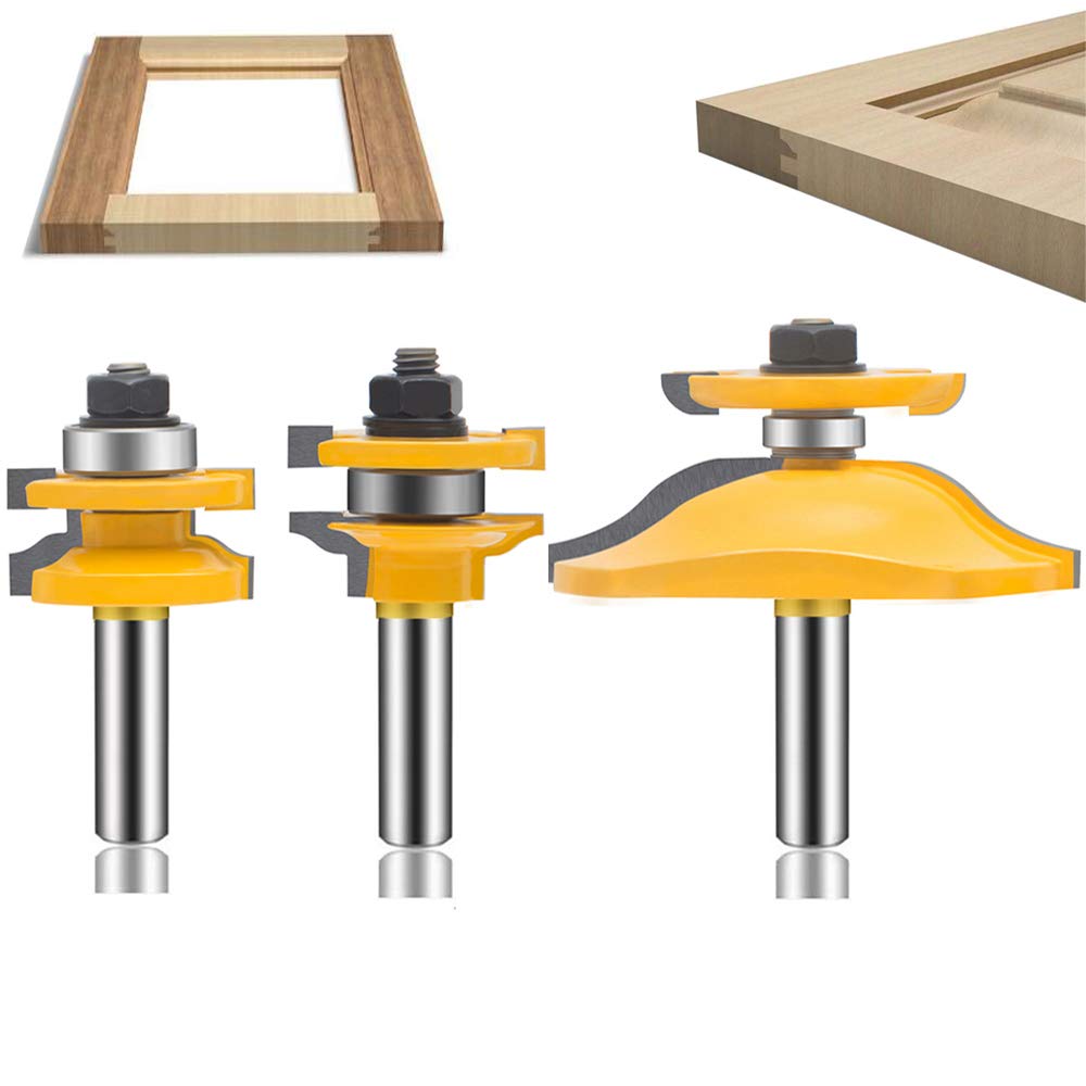 LETBE 3 PCS Router Bit Set, 1/2-Inch Shank Round Over Raised Panel Ogee Cabinet Door Rail and Stile Router Bits, Woodworking Wood Cutter, Wood Carbide Groove Tongue Milling Tool (1/2, HXRD-1223B)