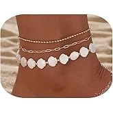 Shell Ankle Bracelet Set for Women,Boho Adjustable Beads Anklet Pack Natural White Shells Stack Stretch Seashell Pearl Starfish Bracelet Set Hawaiian Beach Vacation Foot Jewelry
