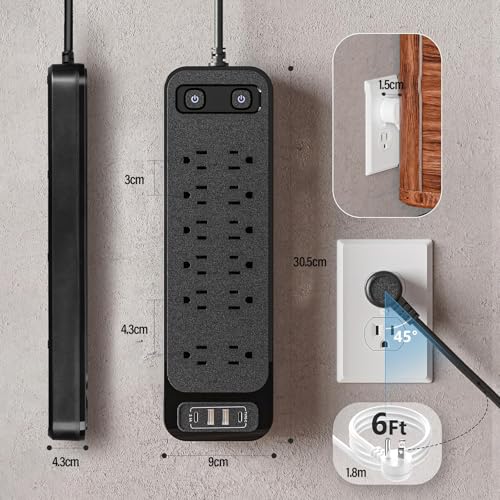KIROGILY Multicontacto Regleta 16 en 1, con Extension Electrica Protector Supresor de Picos Voltaje, 1,8 M, 12 Salidas y 4 USB (2 USB-C), Sleek Socket, Perfecto para Hogar y Oficina
