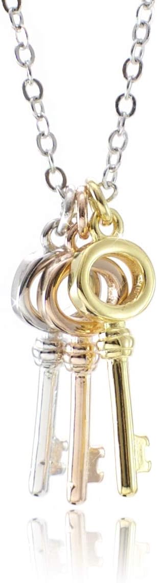 Three Keys Necklace: Gold, Rose Gold & Silver. 16 + 2 inch delicate 925 Sterling Silver Chain. Beautifully Hand Packaged in a Gift Box. Makes a Unique Gift for Women and Girls