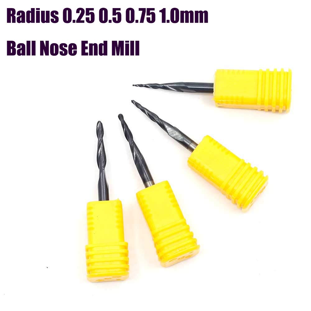 OSCARBIDE Carbide End Mills 1/8" Shank 4 Pieces R0.25 R0.5 R0.75 R1.0 Tapered Ball Nose CNC Router Bit 2 Flutes Tin Coated for Engraving Milling 3D Relief Carving