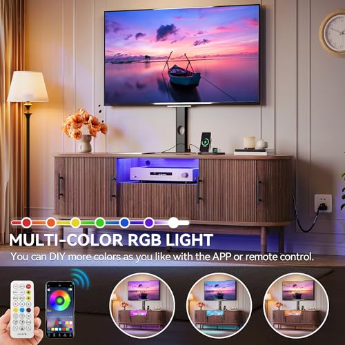 YITAHOME Fluted Curved TV Stand with Mount for 32-70 Inch TVs, Modern Entertainment Center with LED Lights & Power Outlets,Walnut