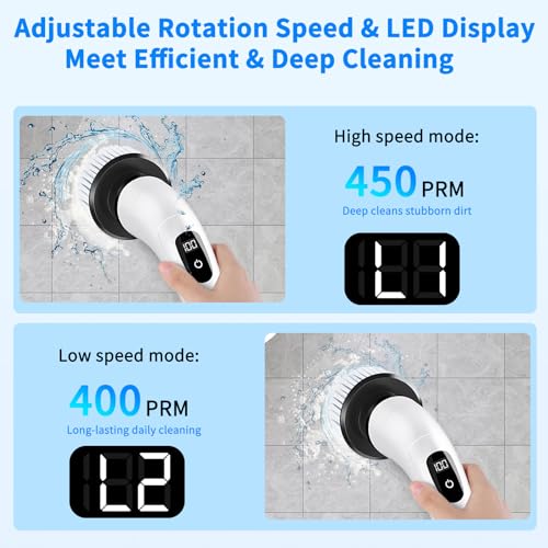 SINZUX Electric Spin Scrubber, Electric Cleaning Brush with 8 Replaceable Brush Heads, Electric Scrubbing Brush with LED Display and Adjustable Extension Handle for Bathroom Kitchen Car