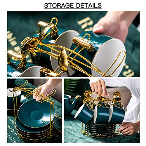 YOLIFE Cup Saucer Set Porcelain Tea Cup Set, Coffee Cup Saucer Set 8 oz China Tea Cup with Display Stand (Green Pack of 6)
