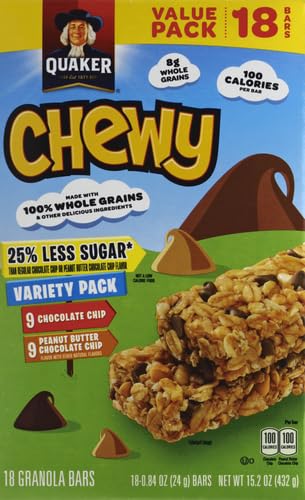 QUAKER CHEWY GRANOLA BARS, 25% LESS SUGAR, 2 FLAVOR VARIETY PACK, (18 PACK)