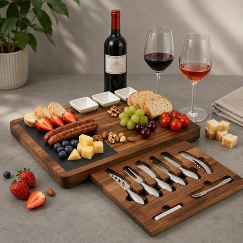 Louis Donné Premium Bamboo Cheese Board Knife Set - 5 Stainless Steel Knives 100% Natural Organic Bamboo Charcuterie Platter Multi Serving Tray for Cheese Meat for Christmas Weddings