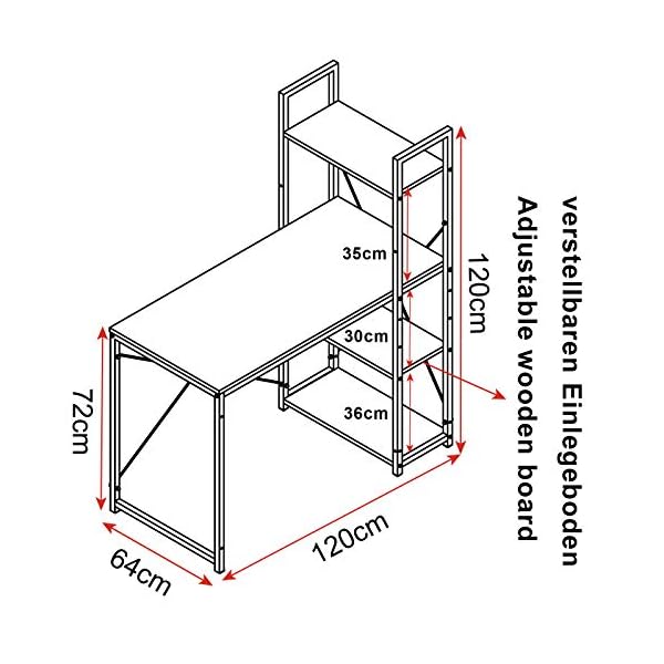 WOLTU Schreibtisch mit 4 Regalen - Computertisch fÃ¼r BÃ¼ro/Homeoffice/Schlafzimmer - 120x60 cm - Eichenholz-Optik mit schwarzem Metallgestell – Bild 6