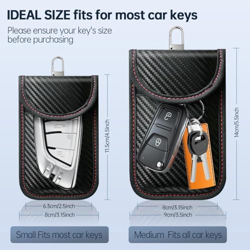 caslord Faraday Pouch for Car Keys, Pack of 2 Anti-Theft RFID Key Fob Protection Bag with 4 Pack Key Rings for Car Security, M, Red