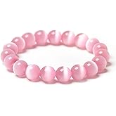 Suoirblss Cat's Eye Stone Bracelet Crystal Gemstone Beaded Stretch Bracelet Round Beads Beaded Yoga Bracelets for Womens Mens (Pink, Diameter 12mm)