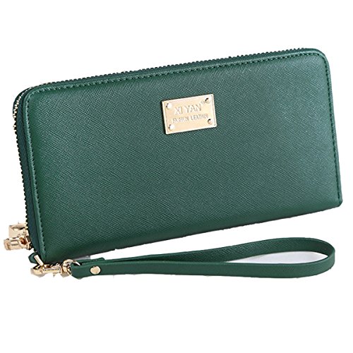 Women Wallet PU Leather Zipper Long Purse Credit Card Clutch Holder Strap Handbag (Green)