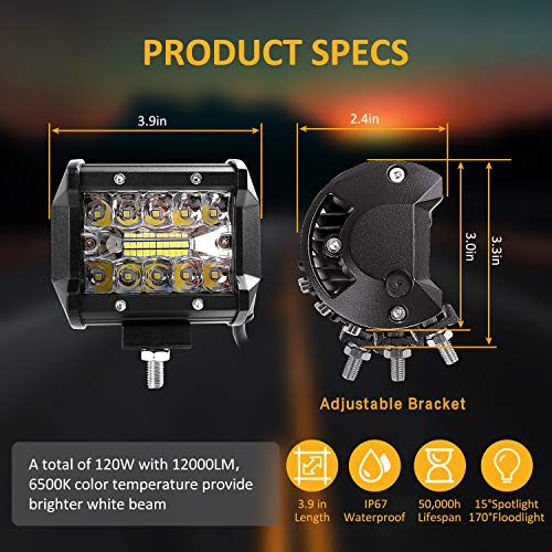 Zmoon 4Inch LED Pod Light Bars 120w 12000lm Off Road Driving Fog Lights