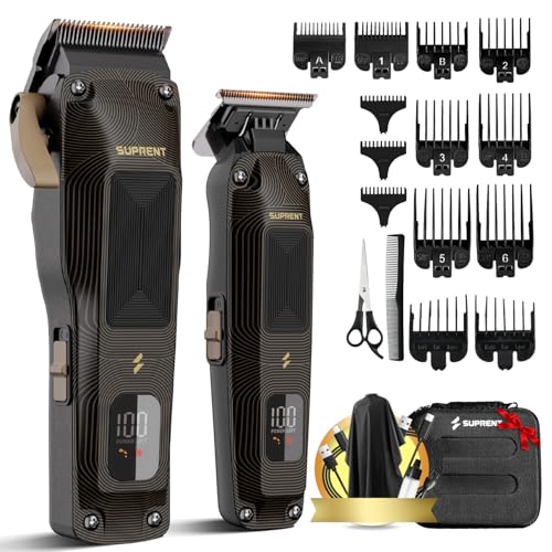 SUPRENT Cordless Man Hair Clipper, Barber Kit With High Speed Motor 7500 RPM, Adjustable Blades, Black Guide Combs And Bag, Black And Gold