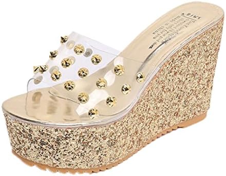 Women's Boho Rhinestone Wedges Sandals Platform Comfort Anti-Slip Glitter High Heel Beach Flip Flops (7 B (M) US, Gold)