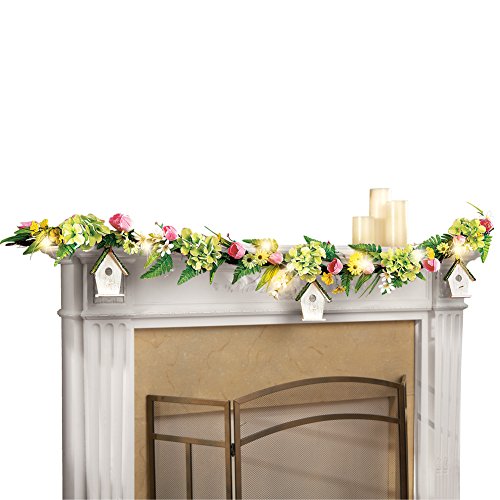Tulip Spring Floral Garland with 3 Hanging Birdhouses & 10 LED Lights